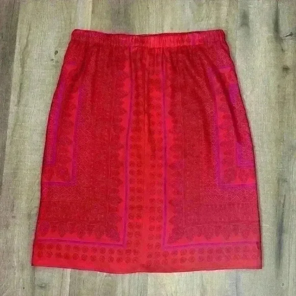 Ann Taylor Red Orange Pink Silky Straight Skirt Moroccan Print size 2 - Picture 2 of 10